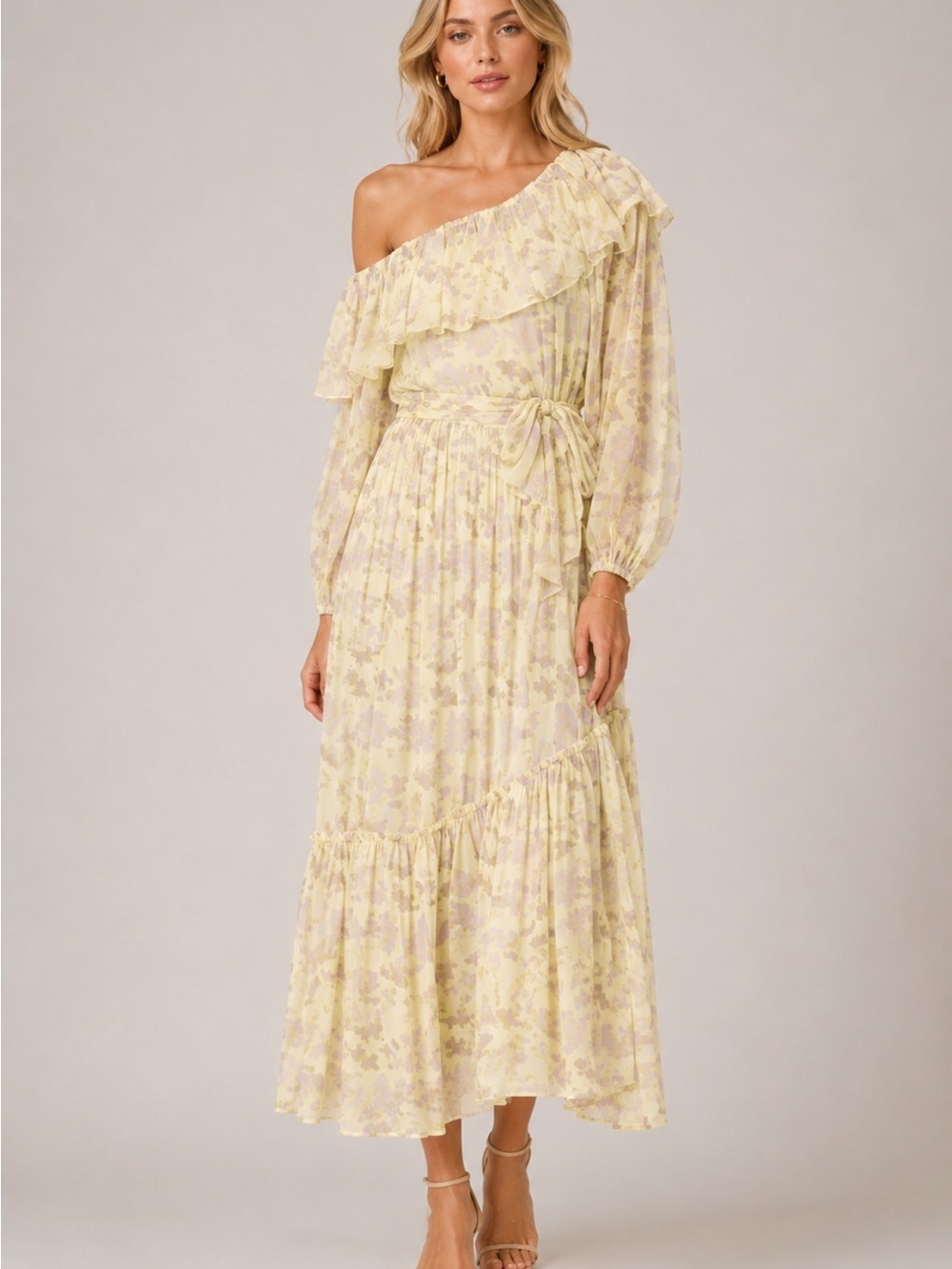 ASTR the Label Yellow Gray Floral Kaylani Long Sleeve Maxi Dress XS 8161
